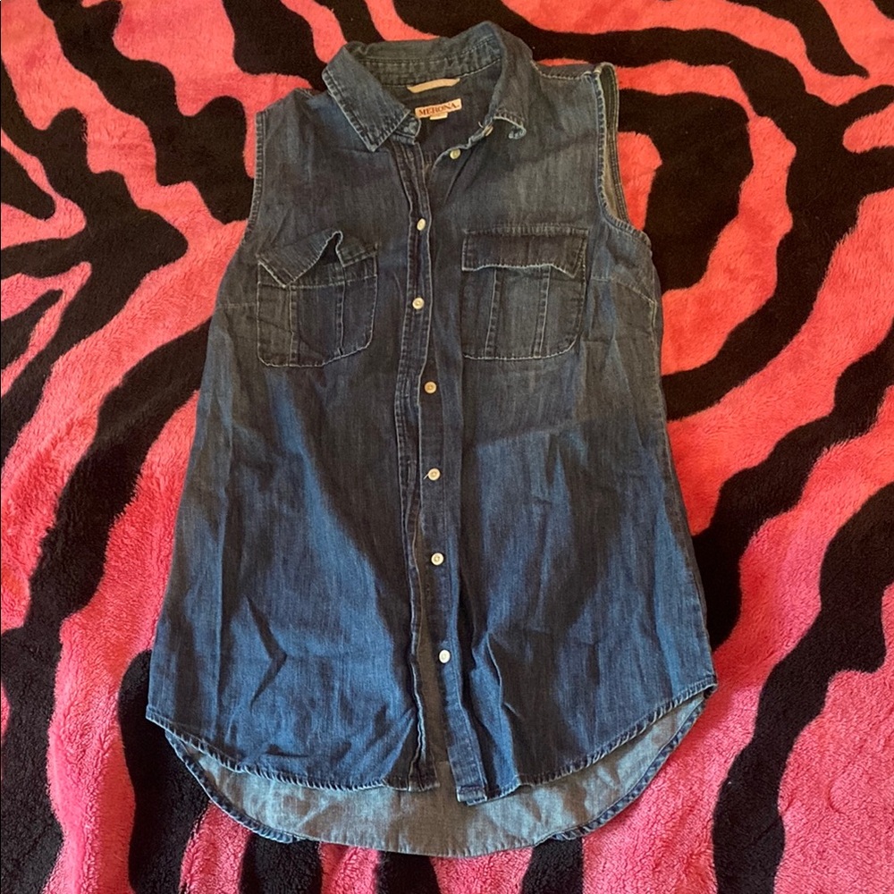 Meron Blue Denim Button Down Shirt Sleeve less